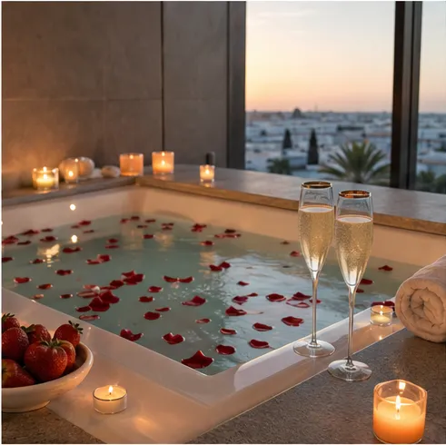 Private jacuzzi decorated with rose petals, candles and two glasses of bubbly at sunset