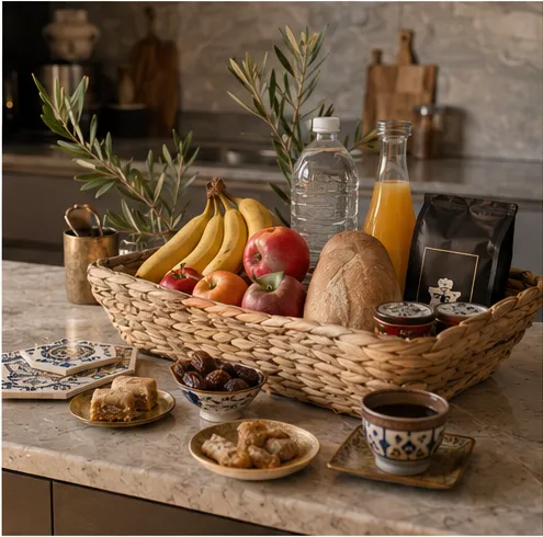 Welcome basket with fresh fruit, bread, juice and local Tunisian treats