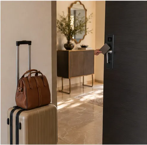 Suitcase in the bright apartment hallway, ready for an early arrival