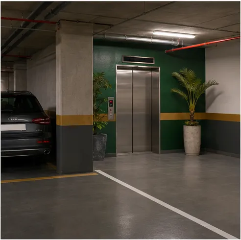 Reserved indoor parking spot next to the lift in the secure residence garage