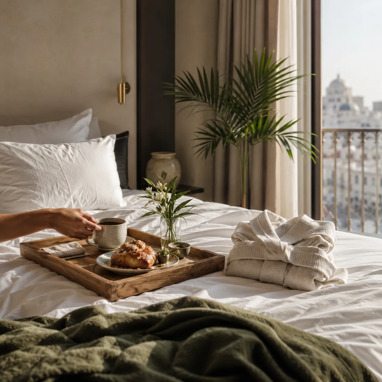 Sunlit bedroom with an unhurried late-morning atmosphere for a late check-out