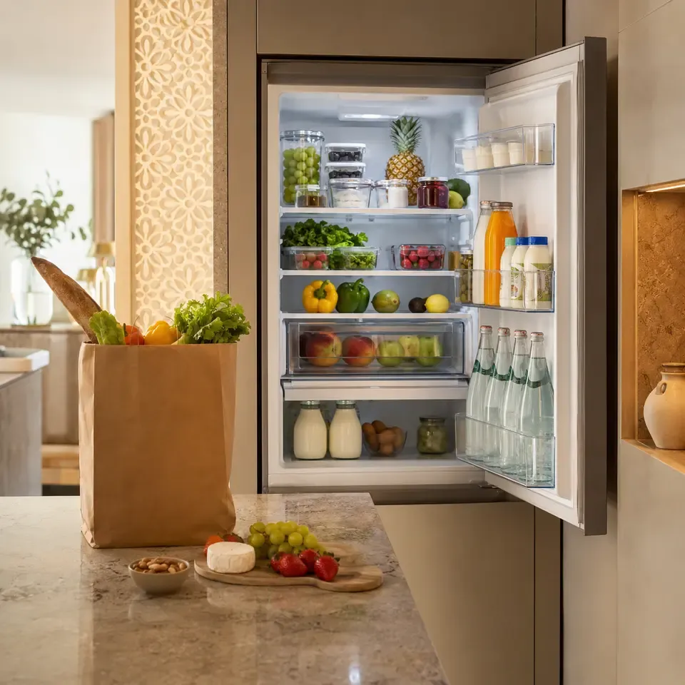 Fridge stocked with fresh groceries