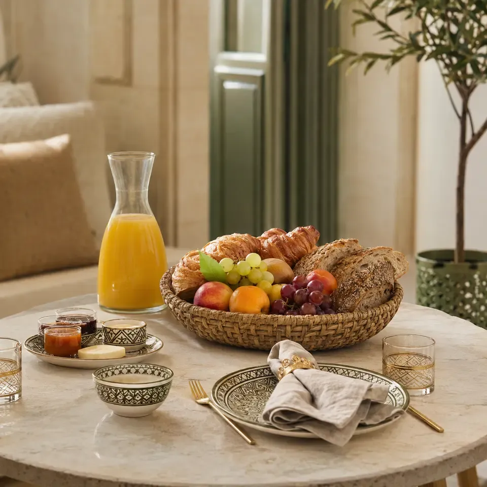 Fresh breakfast basket with bread, fruit and juice